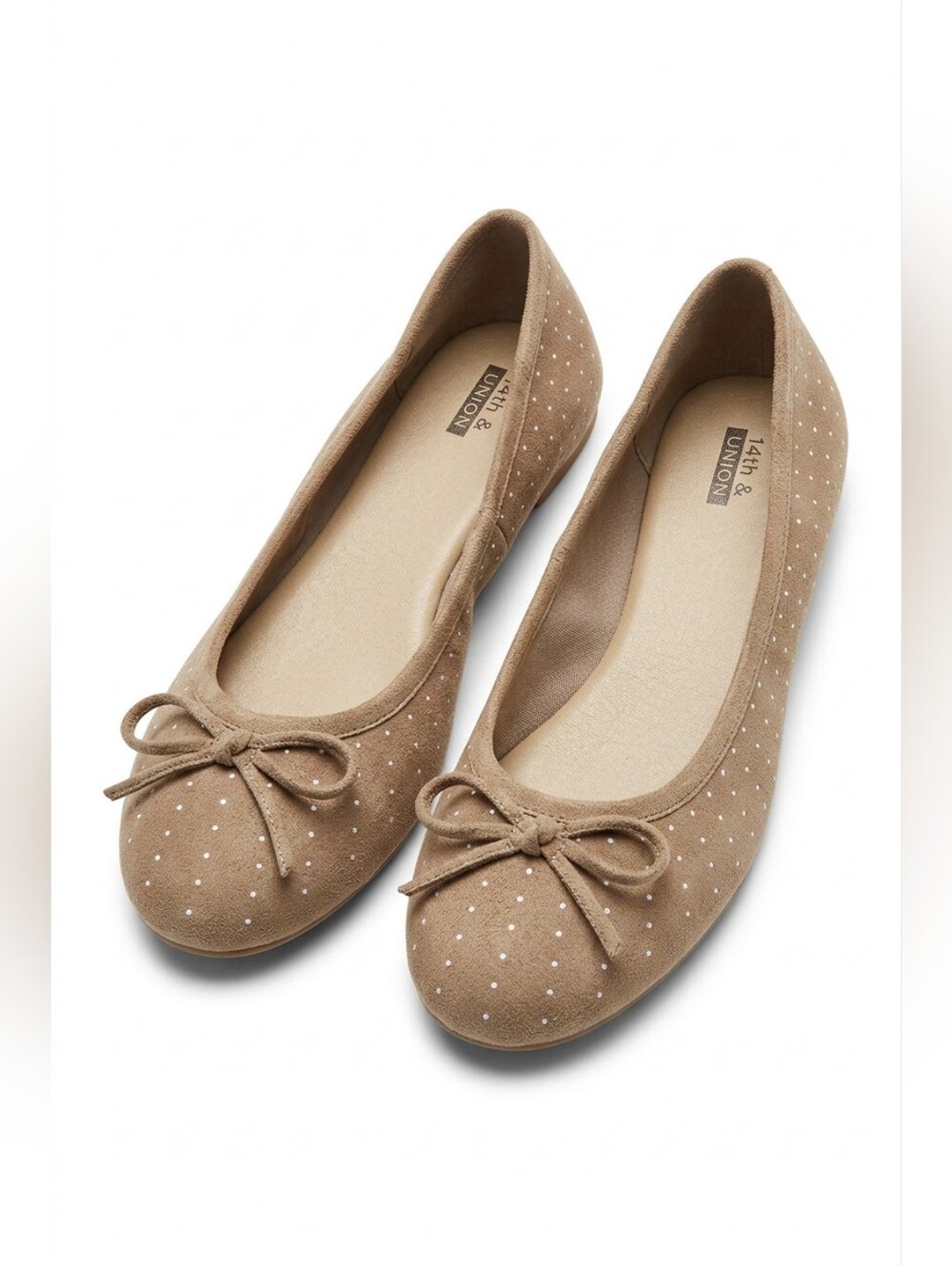 14th & Union beige polka dot ballet flats, small bow detail. Size 9